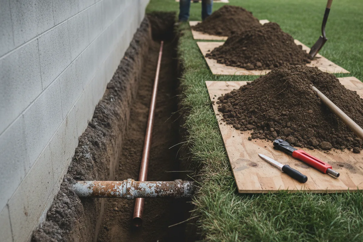 Excavated water line trench during Sewer Line Repair in Hohenwald